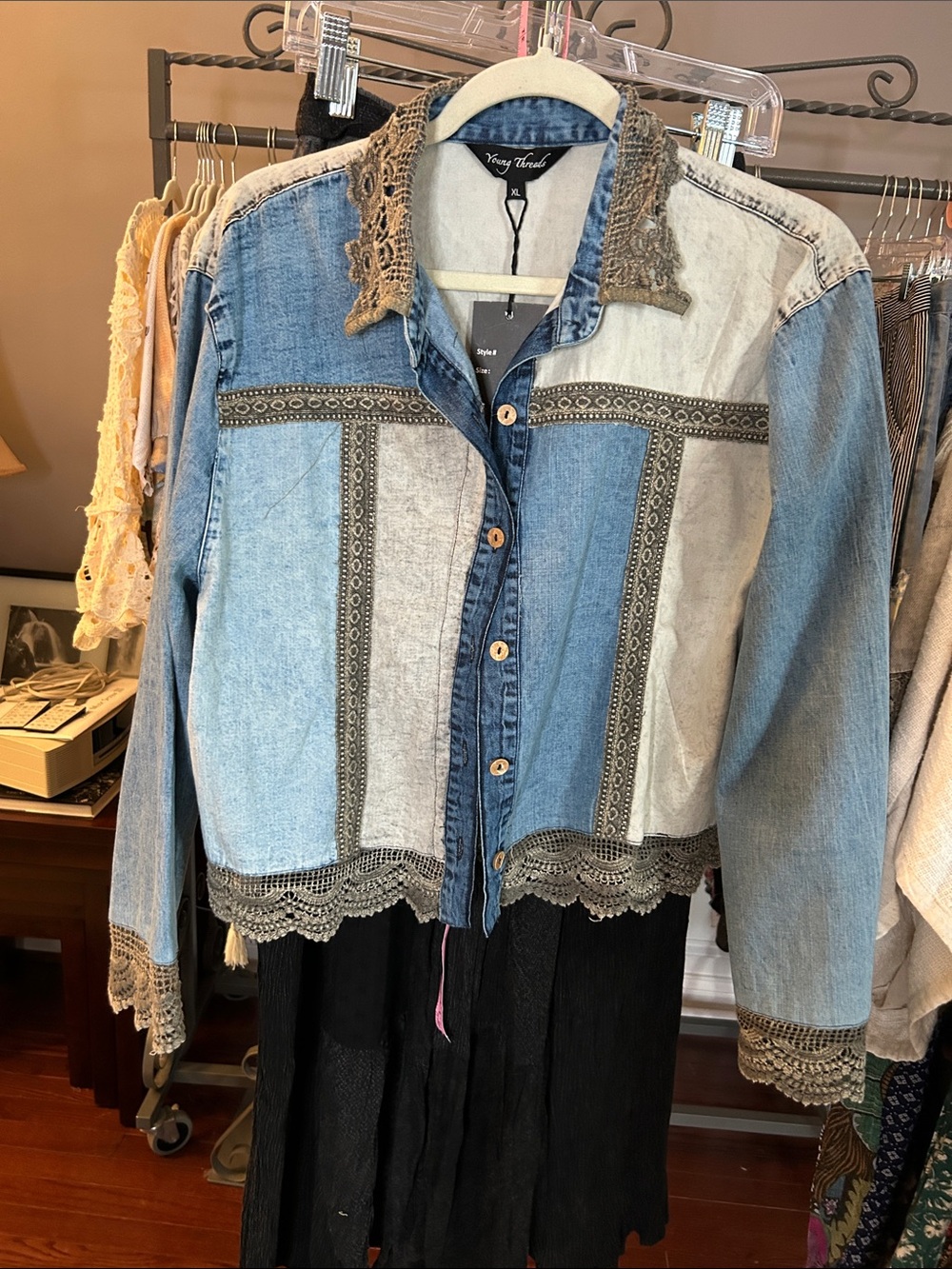 YOUNG THREADS NWT DENIM Jacket Olive Lace Med Large